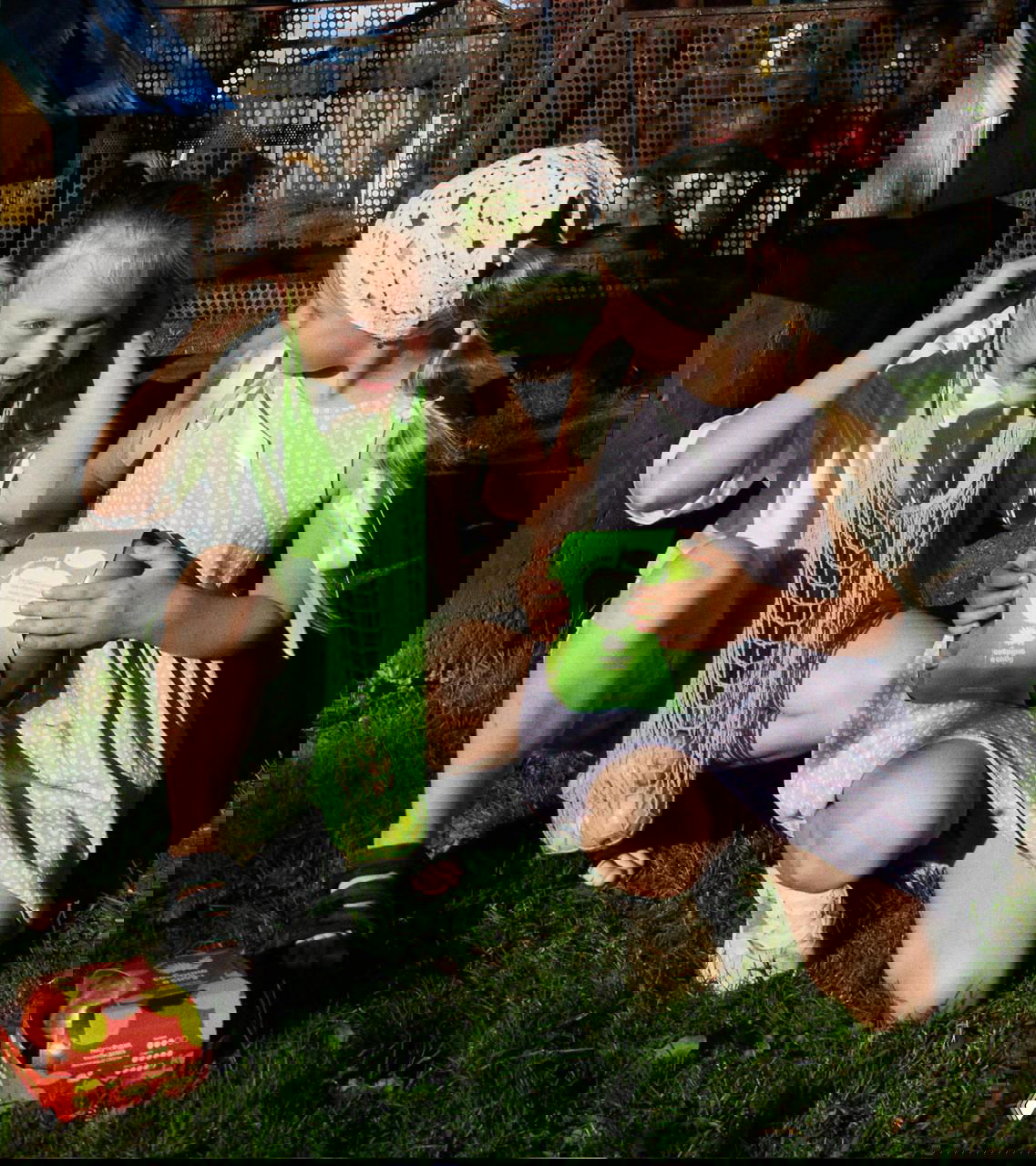 Две девочки на траве держат упаковки и сетчатый мешочек с яблоками, иллюстрируя бытовую, семейную подачу продукта и дружелюбный характер бренда.