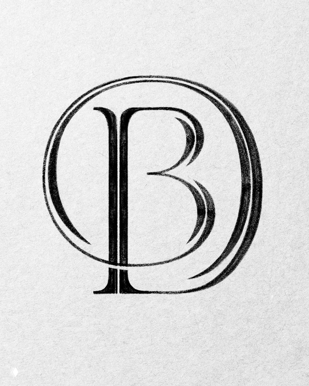 Монохромный монограммный знак с буквой «B»: круглая форма и классические штрихи в стиле леттеринга, текстура карандаша на бумаге.