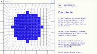 Скриншот интерфейса Charcuterie: крупная сетка глифов Unicode с выделенным синим символом и правой панелью с пояснениями.