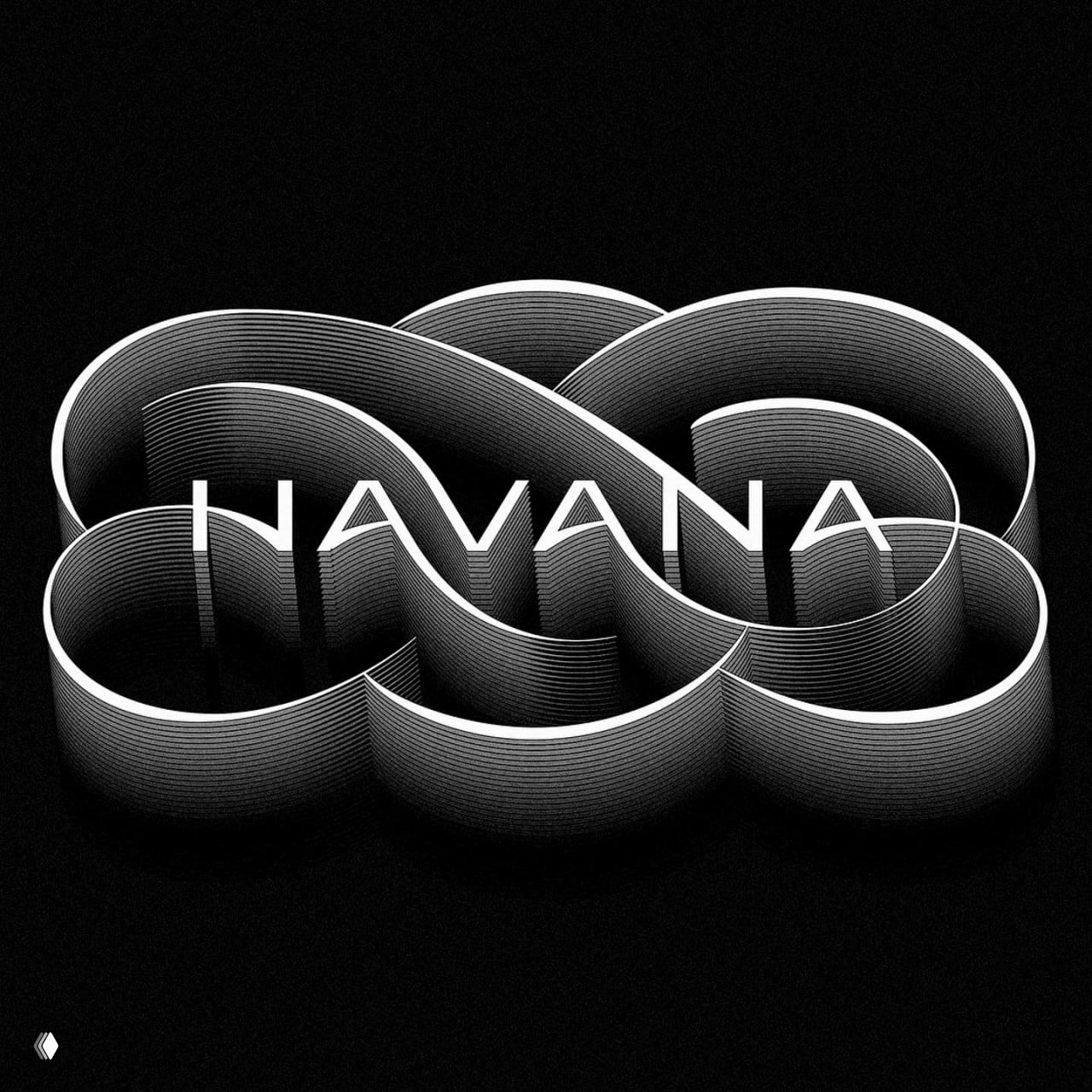 Объёмная композиция «Havana»: лентоподобные формы создают иллюзию глубины, строгий монохромный контраст и аккуратная типографика внутри.