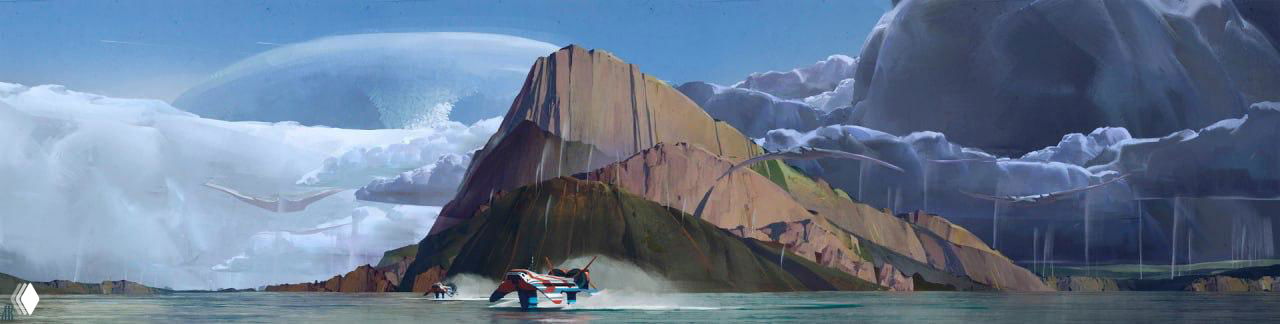 Пейзаж с далёкой горной грядой, спокойной водной гладью и скоростной техникой на поверхности — акцент на масштабе и атмосферности сцены.