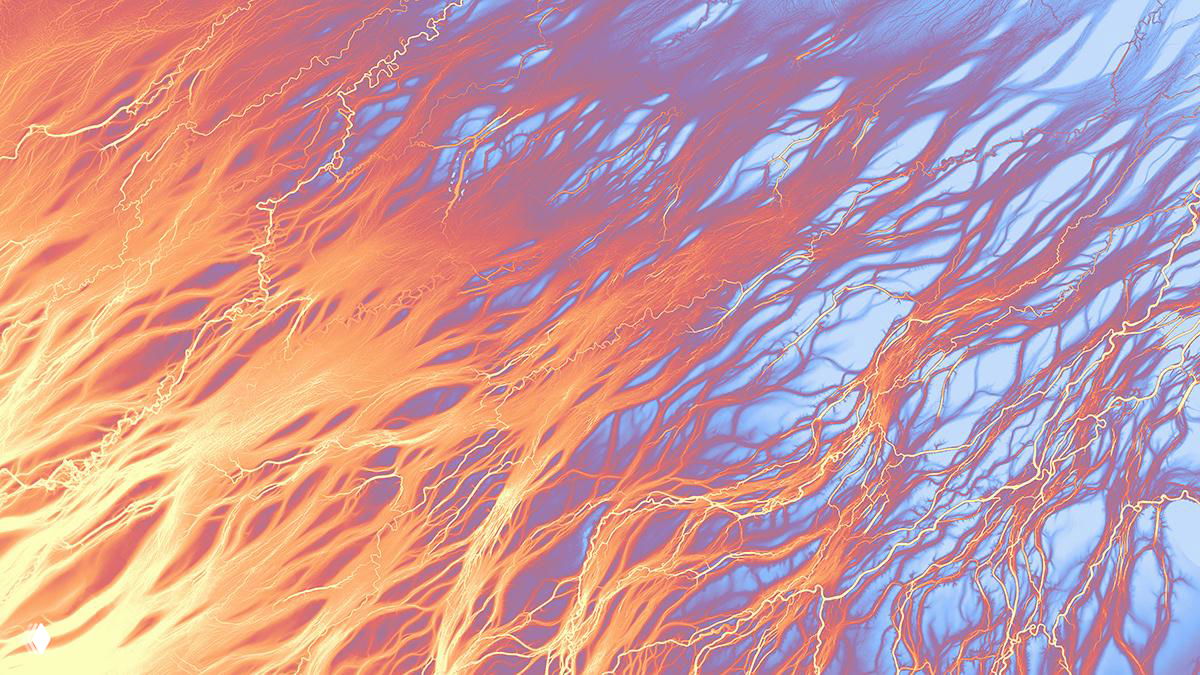 Детальная картографическая графика с множеством тонких ответвлений и контрастных цветов, подчёркивающая распределение потоков и надпластовые формы.