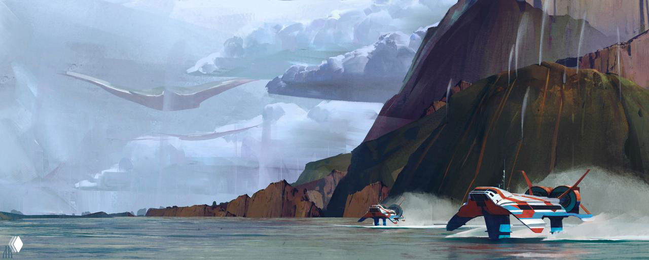 Динамичная сцена: скоростные водные аппараты мчатся вдоль береговой линии на фоне обрушивающихся облаков и отвесных скал, подчёркнуты текстуры и брызги.