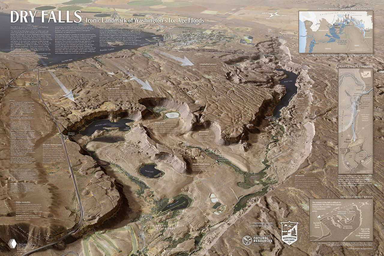 Тематическая карта с панорамным видом каньона и подписью Dry Falls; трёхмерный рельеф, подписи и мини-карты для контекстуализации региона.