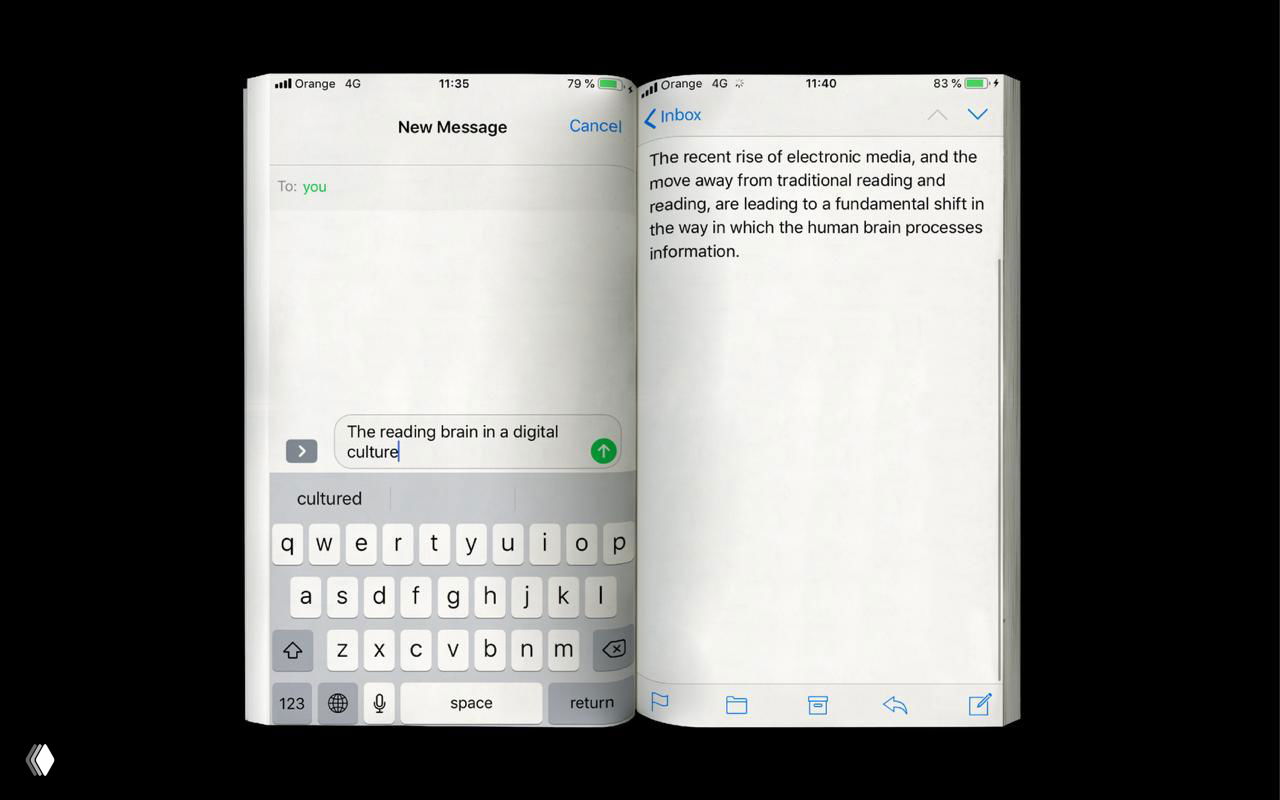 Разворот с имитацией двух приложений: слева окно заметок, справа текст исследования — визуальное сопоставление мобильного интерфейса и научного текста.