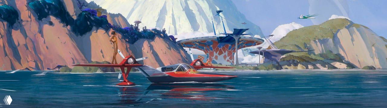 Панорамная сцена: побережье с летательными аппаратами и органической платформой-рестораном на воде в стилистике ретрофутуризма — яркая цветовая палитра.