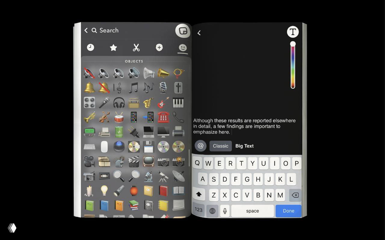 Разворот с библиотекой эмодзи и пустым полем для набора текста, визуальное сравнение элементов интерфейса и академического содержания на страницах.