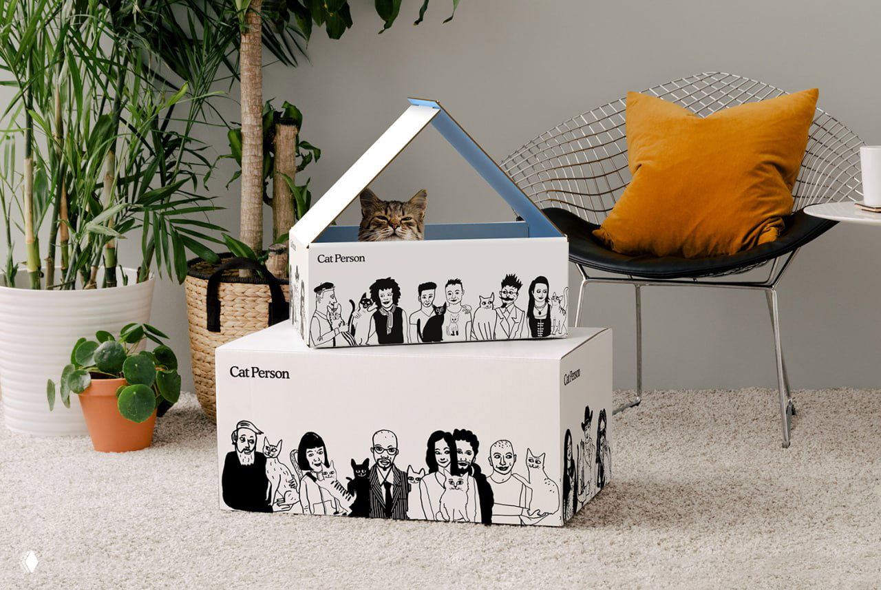 Две белые коробки бренда Cat Person с черно‑белыми иллюстрациями персонажей, верхняя коробка раскрыта и в ней виден кот — упаковка как домик для кошки