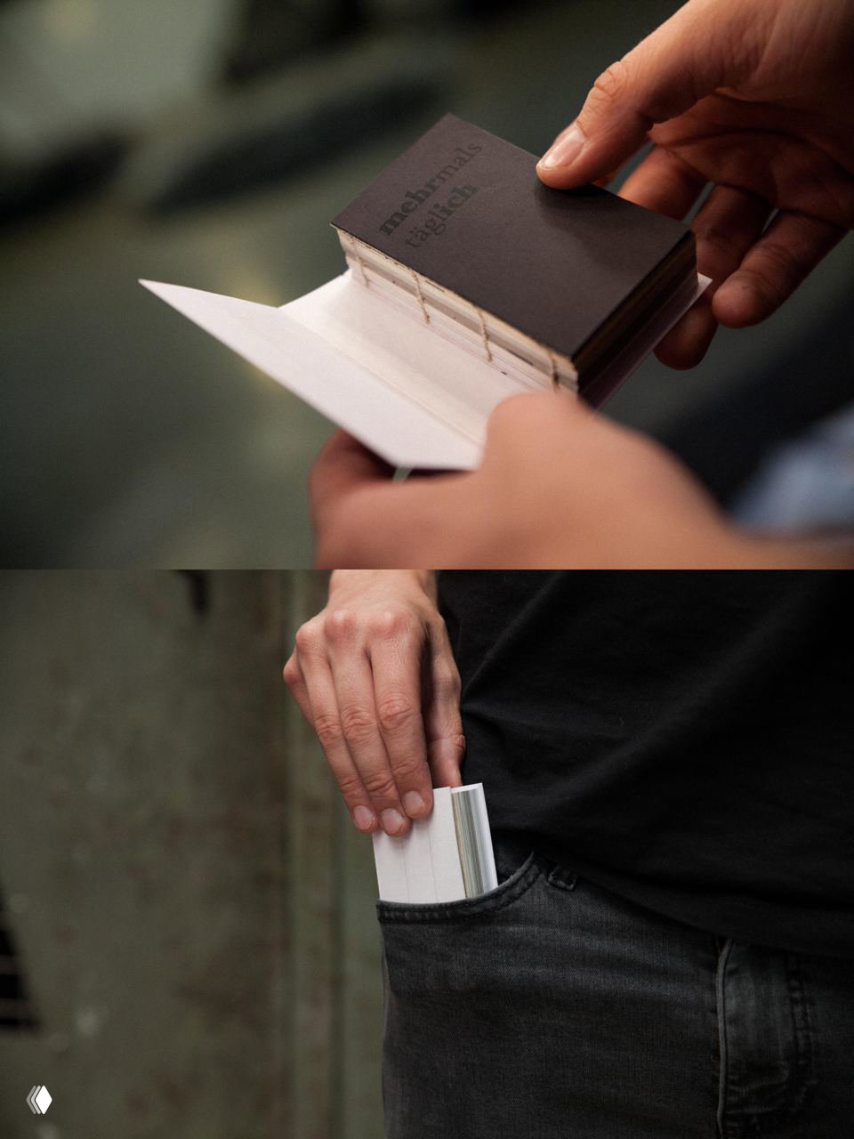 Руки раскладывают книгу в форме пачки: раскрыта обёртка, видно сшивку блока и тёмную обложку с тиснённой надписью, демонстрация конструктивных решений.