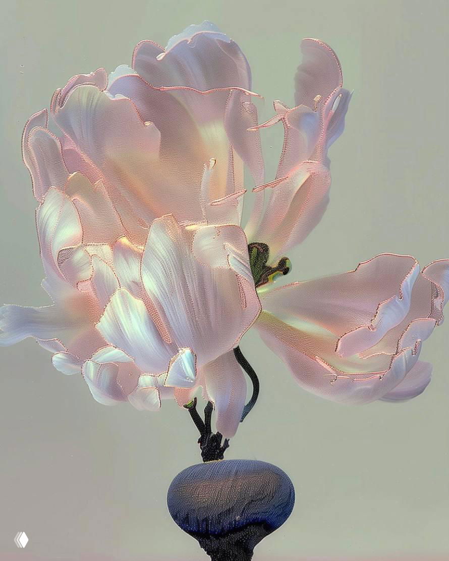 Крупный план цветка, раскрывающегося в пастельных тонах; эффектные мазки создают текстурную ауру и ощущение ручной кисти.