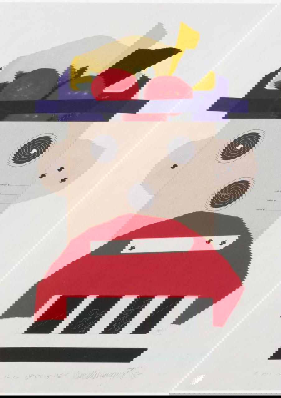 Коллаж-персонаж с томатами в верхней части, круглыми мишенями вместо глаз и контрастными красными и чёрными графическими элементами