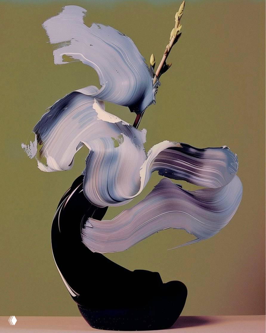 Воздушная серия лепестков и стеблей, наложенных кистевыми эффектами; цифровая имитация текстуры и света в натюрморте.