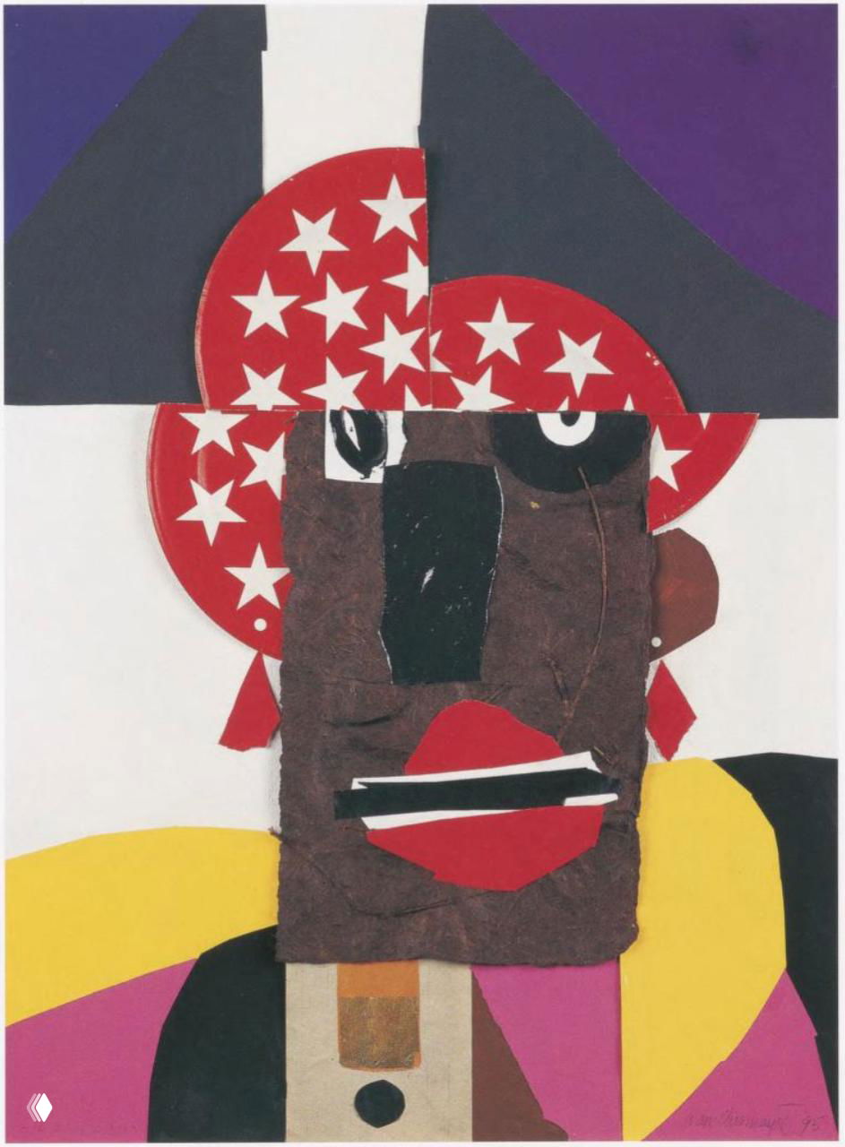 Яркий коллажный портрет с шляпой в звёздный узор, крупными губами и асимметричными цветными вырезками, подчёркнутыми контрастами