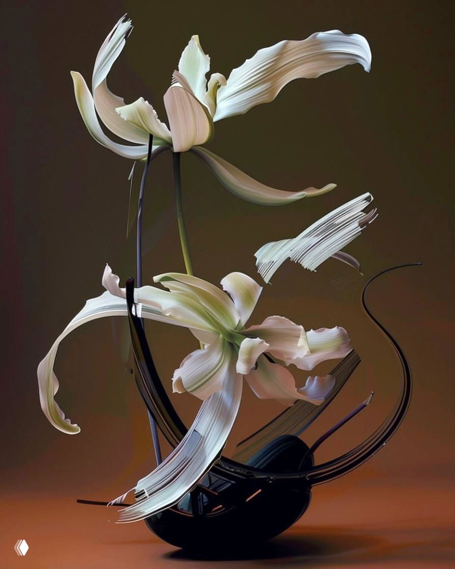 Свободные широкие мазки вокруг тонкого цветочного стебля: сочетание традиционной эстетики и современных 3D-технологий.