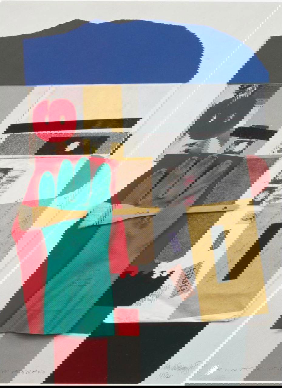 Коллаж-композиция из предметных вырезок: зелёная перчатка, кисточка, конверты и геометрические фрагменты, собранные в структурированный силуэт