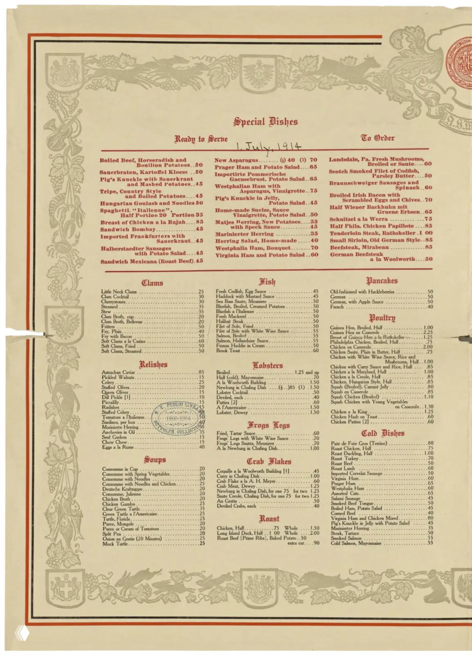 Внутренняя страница меню 1914 года с колонками блюд и цен, рубриками 'Special Dishes' и богато украшенной рамкой в стиле начала XX века.