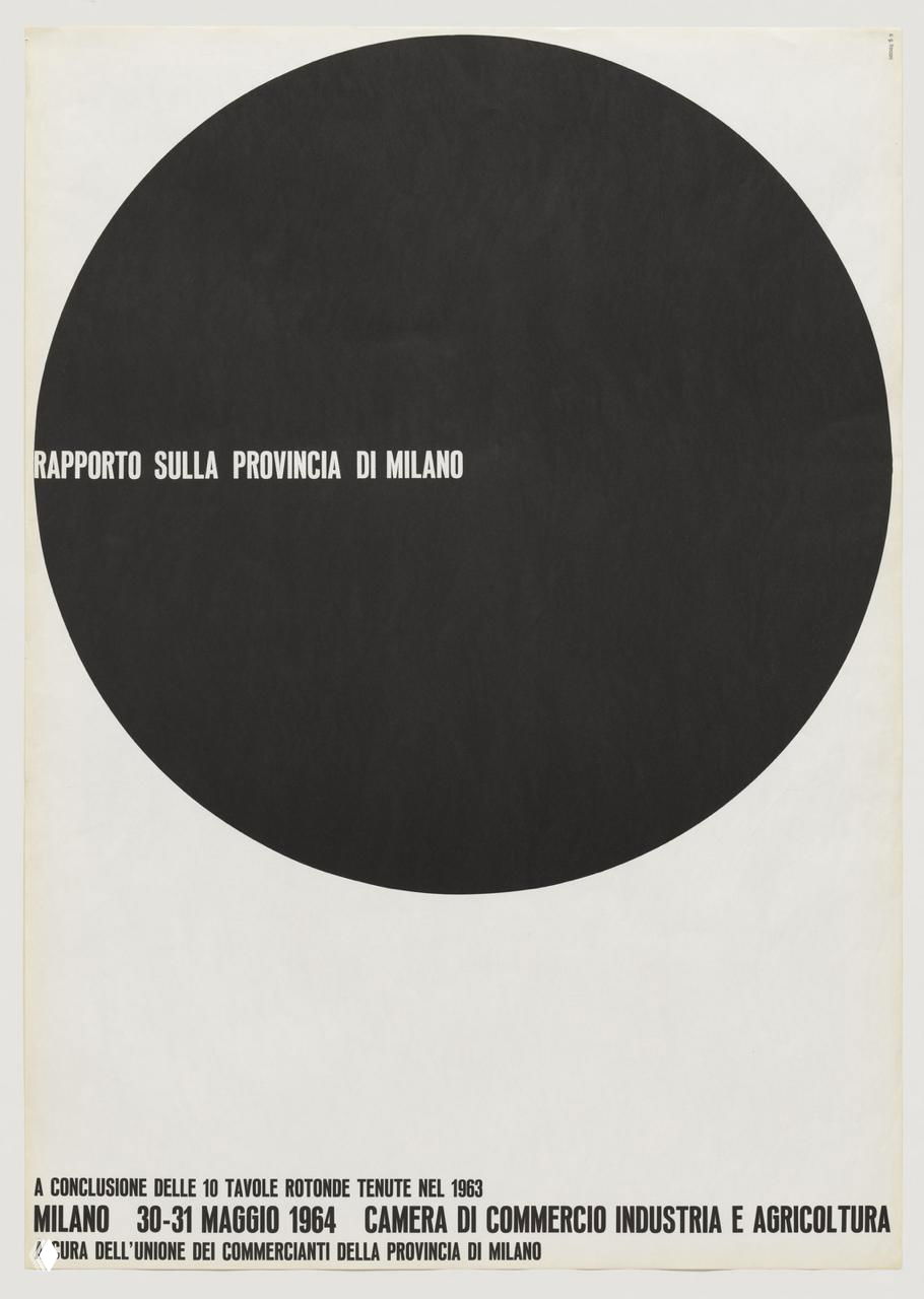 Чёрный круг на верхней части белого листа с горизонтальным белым текстом слева, контрастная композиция в стиле минимализма и графического дизайна.