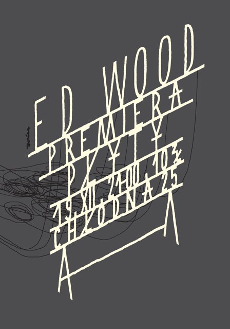 Плакат Михала Ионца: тёмно‑серый фон и диагональная рукописная типографика, театральный и лаконичный афишный стиль с эскизными элементами.