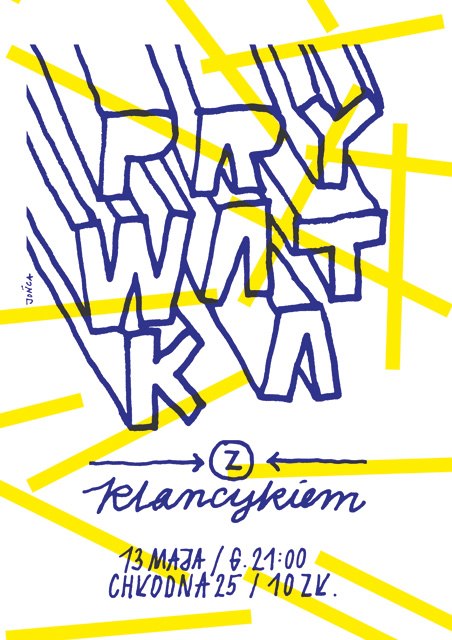 Плакат Михала Ионца: абстрактная линейная типографика тёмно‑синего цвета на ярких жёлтых графических полосах, энергичный афишный дизайн.
