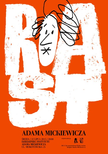 Плакат Михала Ионца: насыщенно‑оранжевый фон с крупной текстурной типографикой «RAST» и простой иллюстрацией лица, декоративный смелый дизайн.