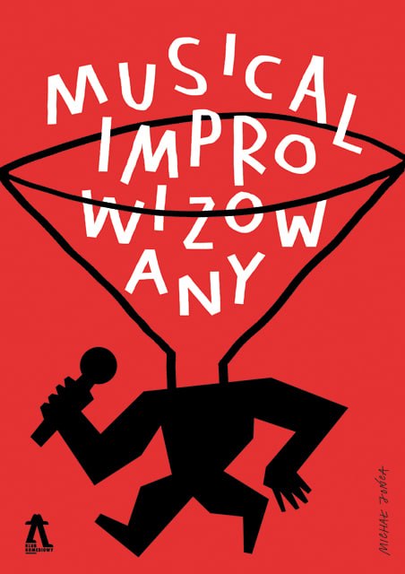 Плакат Михала Ионца: красный постер с графической воронкой и текстом «Musical Improvizowany», динамичный музыкально‑афишный мотив в графическом стиле.