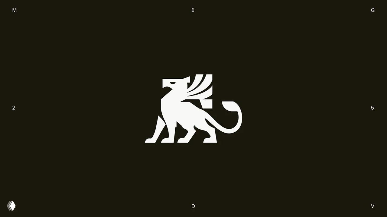 Силуэт грифона в центре кадра на насыщенно‑чёрном фоне — графический знак в чистом минималистичном стиле, стилизованный под герб.