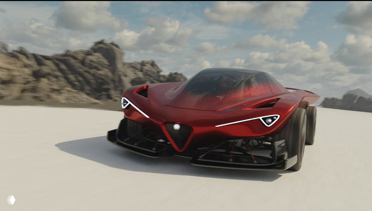 Динамичный рендер: концепт-спорткар Alfa Romeo D T M едет по светлой поверхности на фоне скалистого ландшафта и облачного неба, подчёркнуто аэродинамический силуэт.