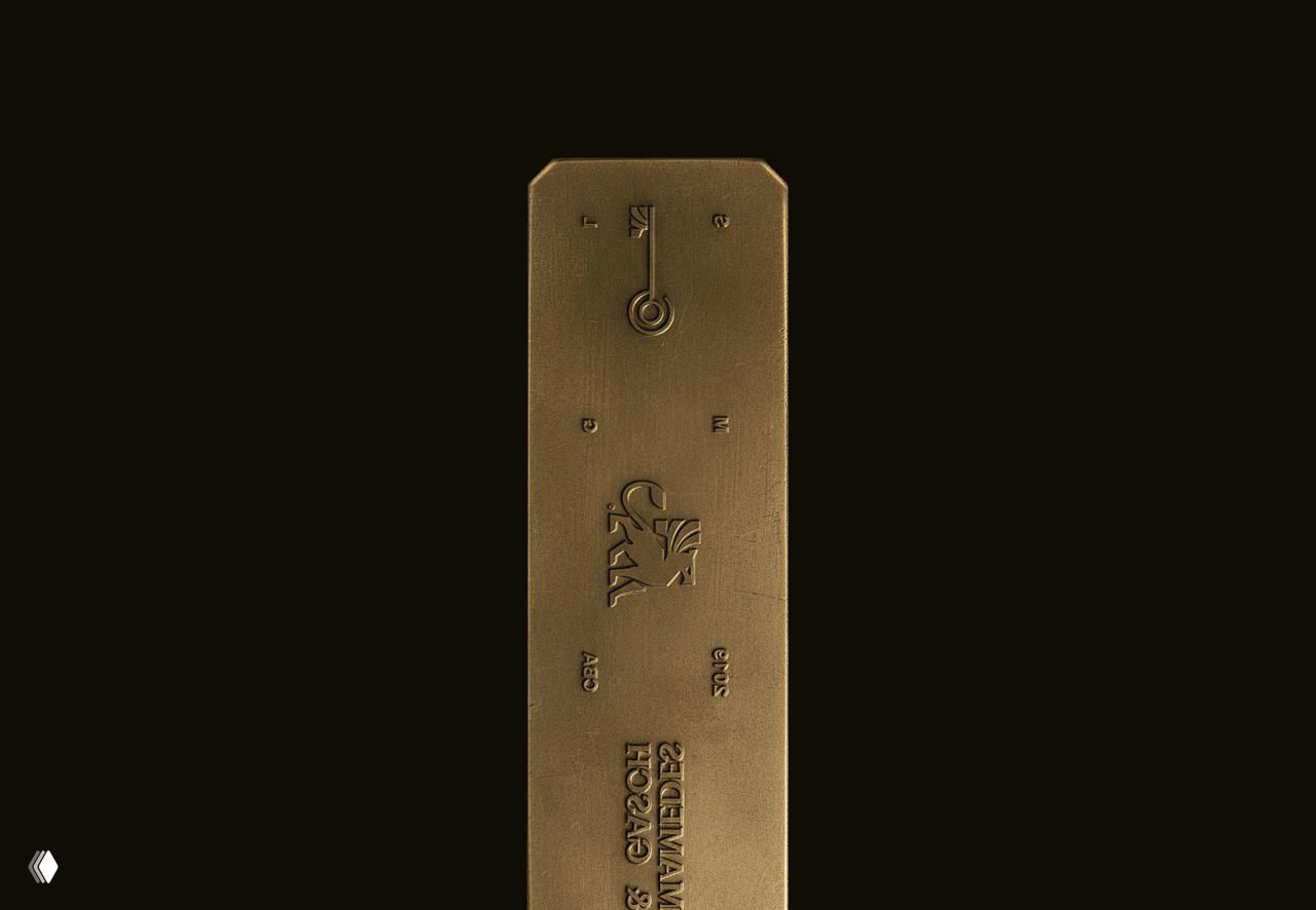 Удлинённая бронзовая табличка с тиснёными элементами фирменного стиля — демонстрация качества отделки и применения логотипа в металле.