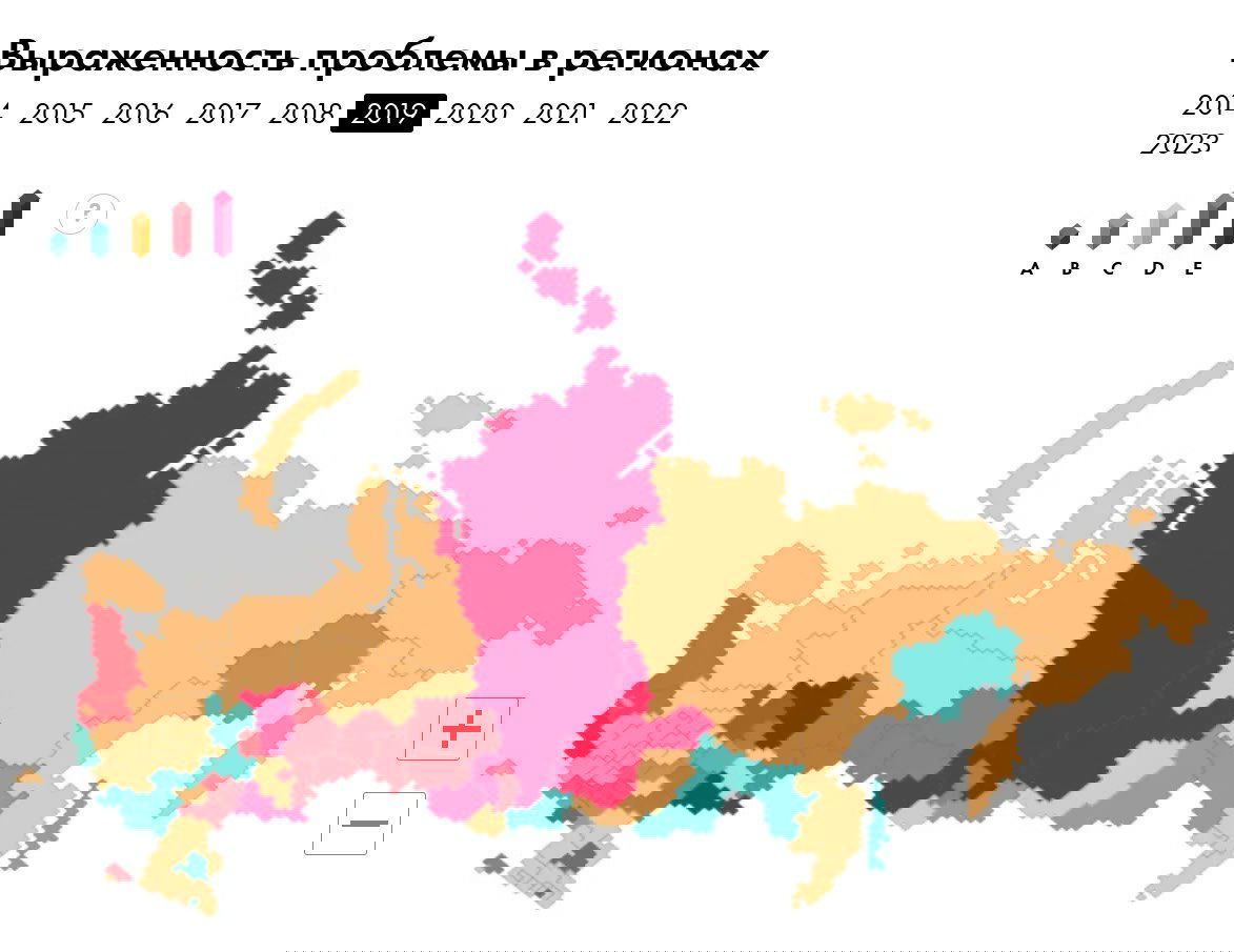 Визуализация проблемы ВИЧ по регионам России: картограмма с цветовой легендой, позволяющая сравнить регионы по выраженности эпидемии