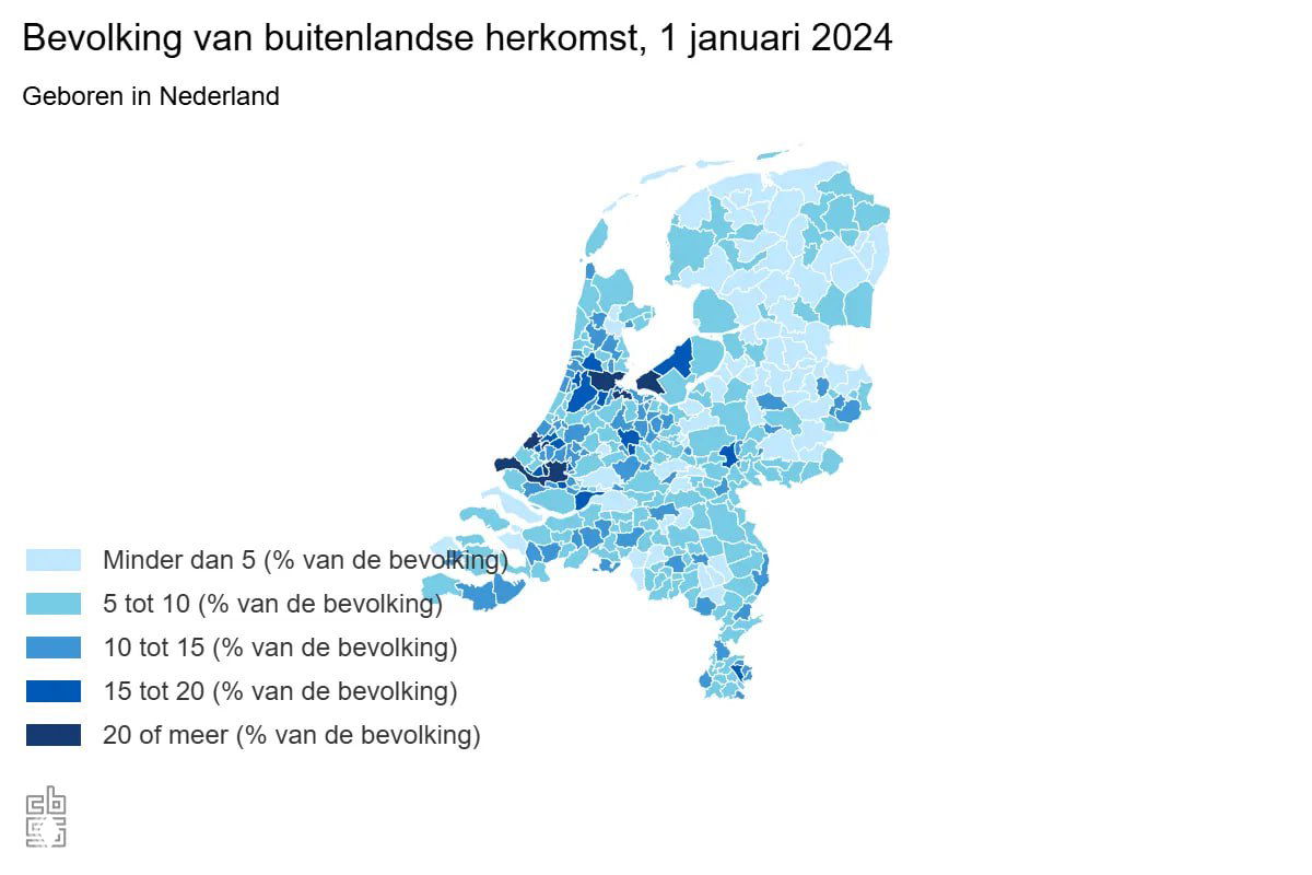 Карта Нидерландов: доля жителей второго поколения (рожденных в Нидерландах с одним иностранным родителем) по муниципалитетам, 2024.