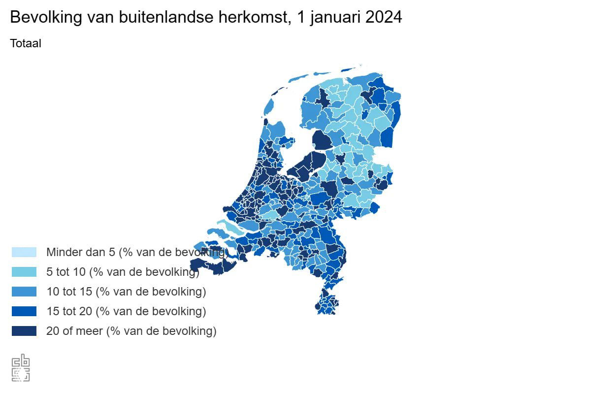 Карта Нидерландов: общая доля мигрантов (первого и второго поколения) по муниципалитетам на 1 января 2024 — суммарная картина распределения.