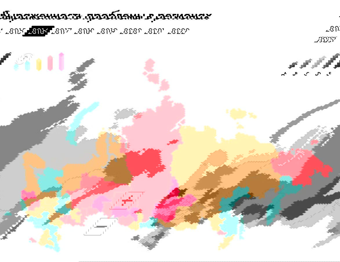 Региональная карта России с цветовой градацией степени выраженности ВИЧ; зоны с высоким и низким уровнем отмечены разными цветами