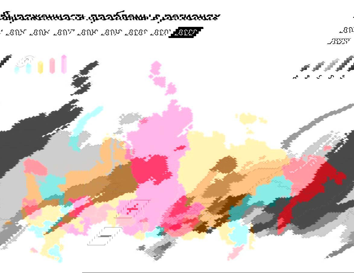 Карта России с помесячной/годовой визуализацией выраженности ВИЧ по регионам; легенда показывает категории от низкой до высокой