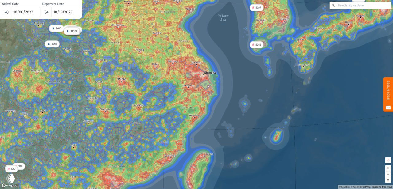 Фрагмент Восточной Азии: побережье Китая и Тайваня с ярко выраженными прибрежными зонами светового загрязнения и крупными агломерациями.
