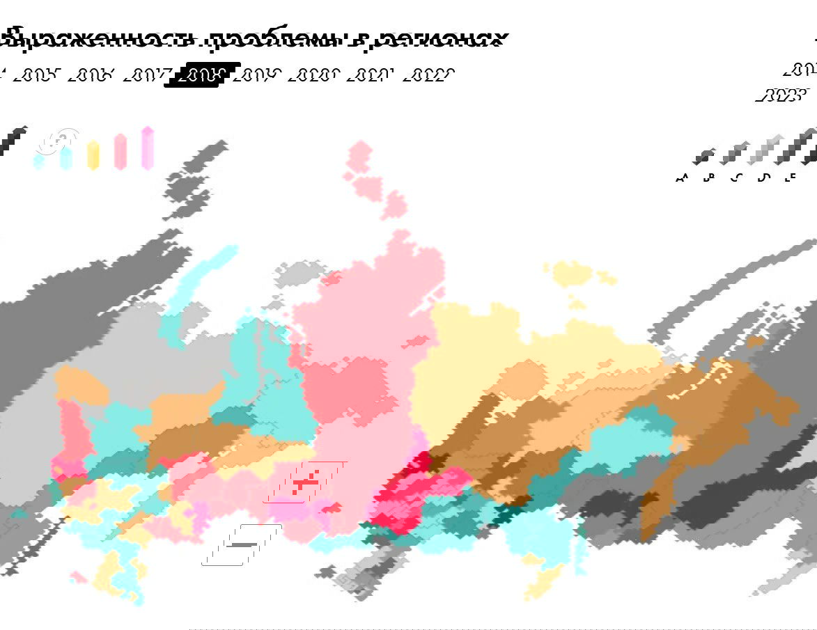 Карта РФ с выделением регионов по степени выраженности эпидемии ВИЧ; показаны цветовые категории A–E и географическое распределение