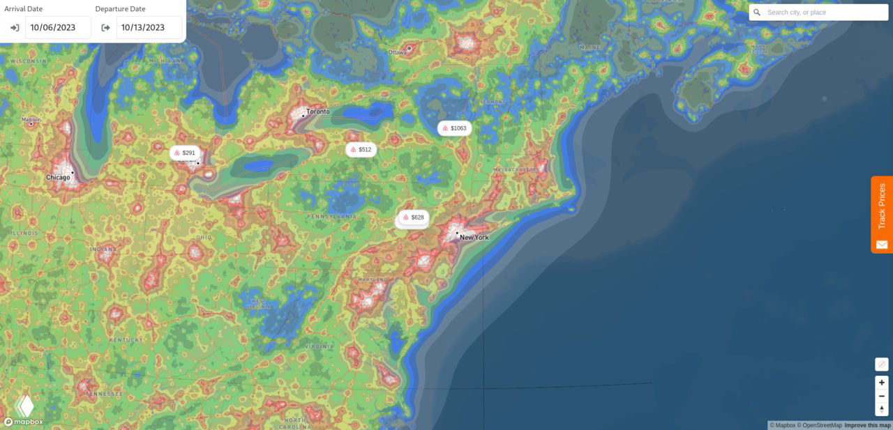 Северо-восток США на тепловой карте: яркие зоны вокруг Нью-Йорка, Бостона и других городов, чётко видна прибрежная концентрация света.