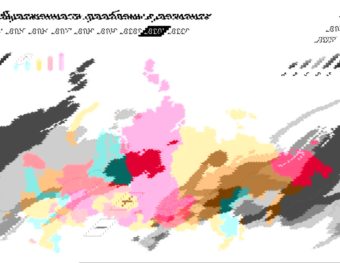 Карта регионов России с цветовой индексацией степени выраженности ВИЧ; видно концентрацию более тяжёлой ситуации в отдельных областях