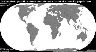 Карта мира с выделенным минимальным кругом, показывающим наименьшую область, содержащую 0.1% населения планеты.