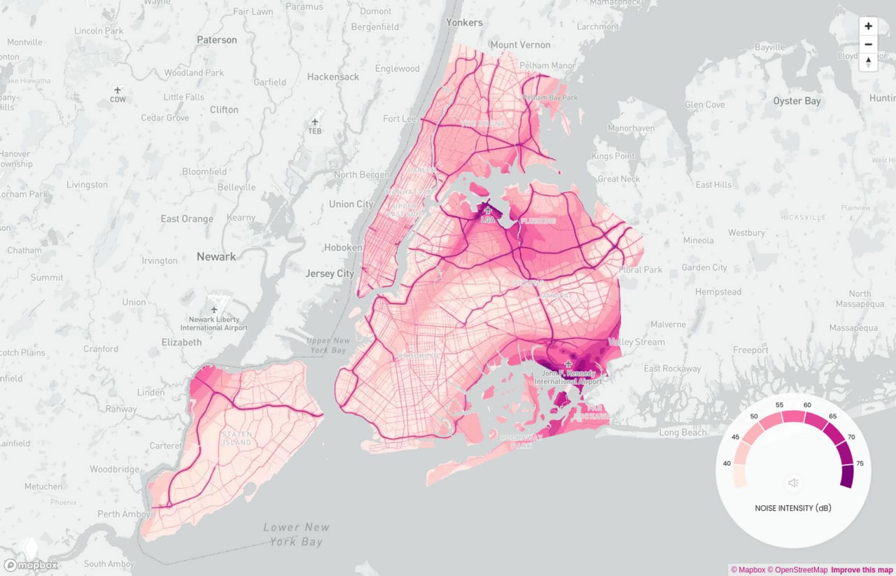 Карта уровня шума Нью-Йорка с выделением интенсивных источников (Манхэттен, мосты); цветовая шкала отображает децибелы.