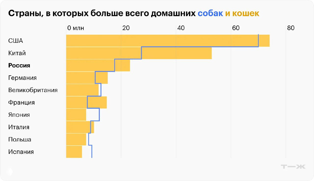 Горизонтальная диаграмма по странам: в каких государствах больше всего домашних собак и кошек — США, Китай, Россия и ряд европейских стран в миллионах животных.