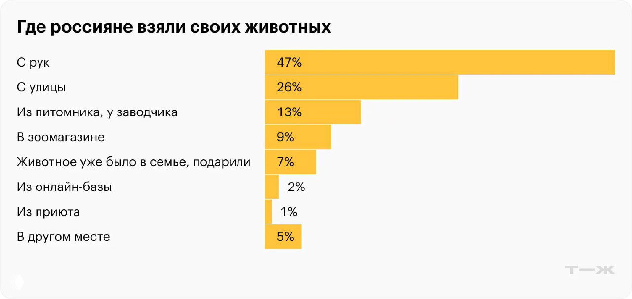 Горизонтальная столбчатая диаграмма: откуда россияне взяли своих животных — с рук, с улицы, из питомника, зоомагазина, приюта и другие варианты с процентами.