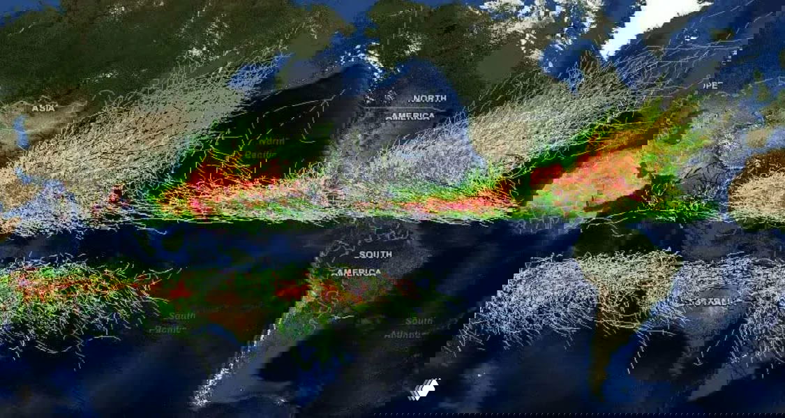 Карта движения ураганов в мире