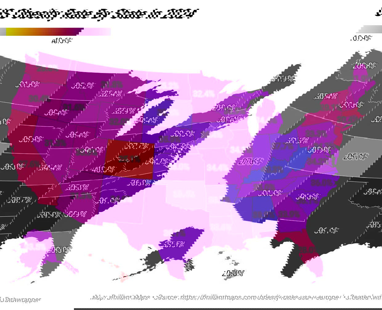 Карта США с процентами ожирения по штатам (значения 2024 года) и градиентной цветовой шкалой от ~10,9% до ~40,6%, визуализация региональных различий.