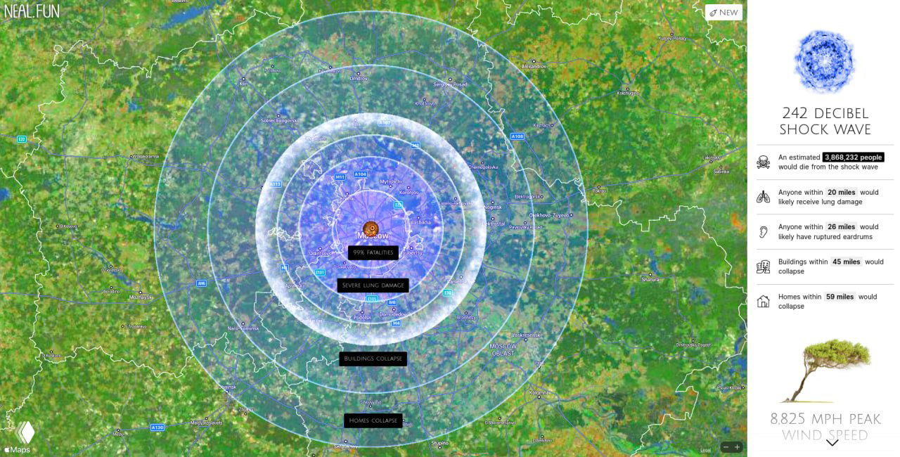 Карта с голубыми концентрическими кругами ударной волны, отмечены радиусы с потенциальными разрушениями и зонами слухового поражения.