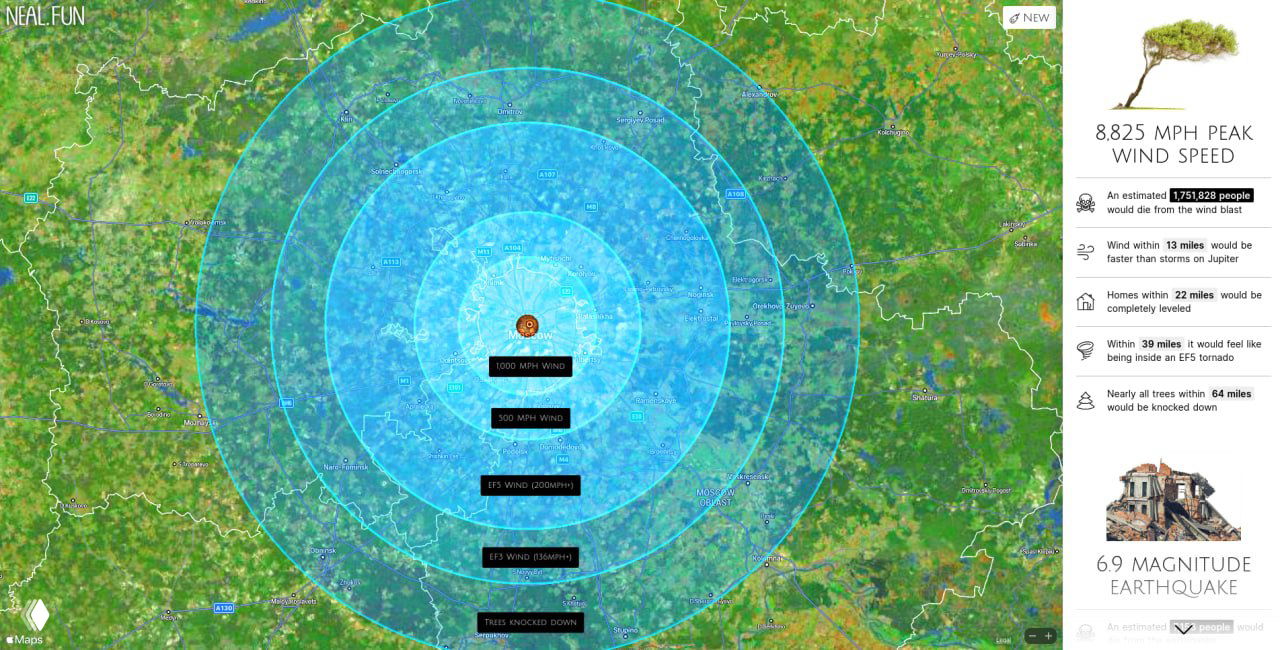 Карта с синими зонами максимальных скоростей ветра после удара — показаны районы, где деревья и постройки могут быть повалены.