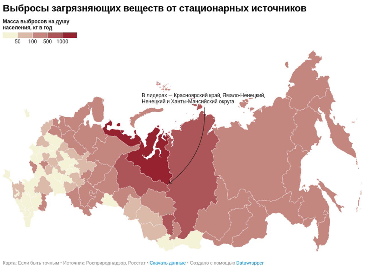 Хлоростальная картограмма выбросов на душу населения по регионам России, градация по оттенкам красного; подписи лидеров по регионам.