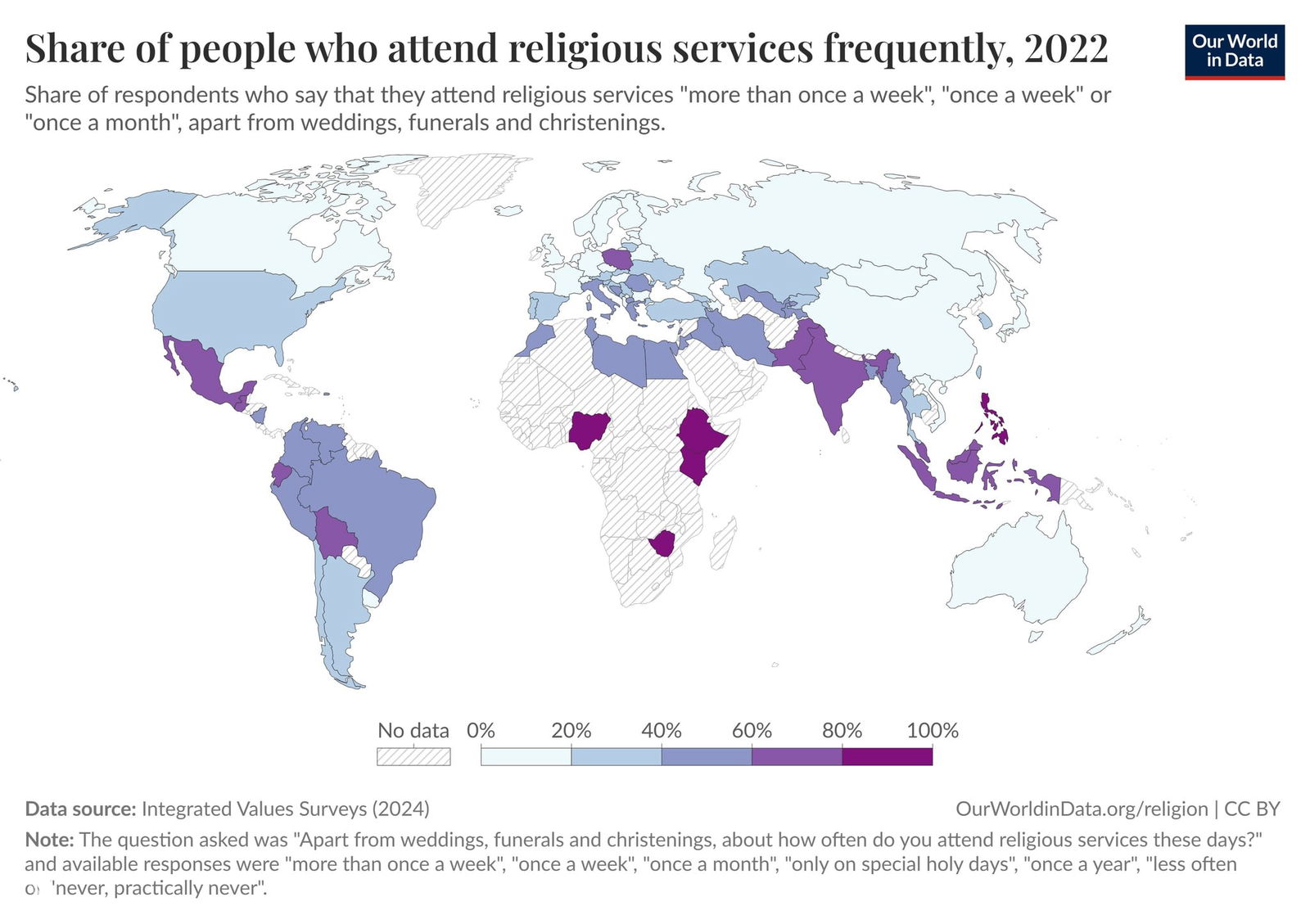 Карта мира: доля людей, которые часто посещают религиозные службы (2022) — фиолетово-голубая шкала интенсивности и отметки стран с недостающими данными.