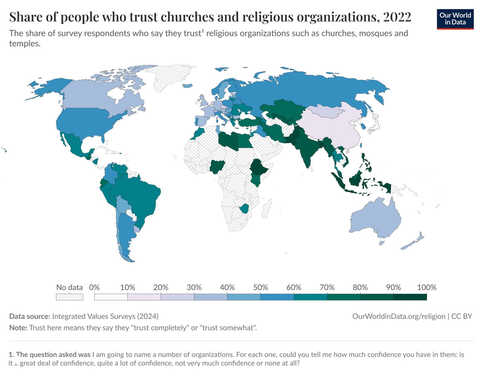 Карта мира: доля людей, которые доверяют религиозным организациям (церкви, мечети, храмы), 2022 — шкала зелёного цвета и отметка источника Integrated Values Surveys.