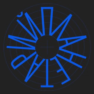 Синий радиальный логотип на тёмном фоне: графический знак с лучами и концентрическими окружностями, используемый как эмблема сообщества «Планетарий» — абстрактное изображение