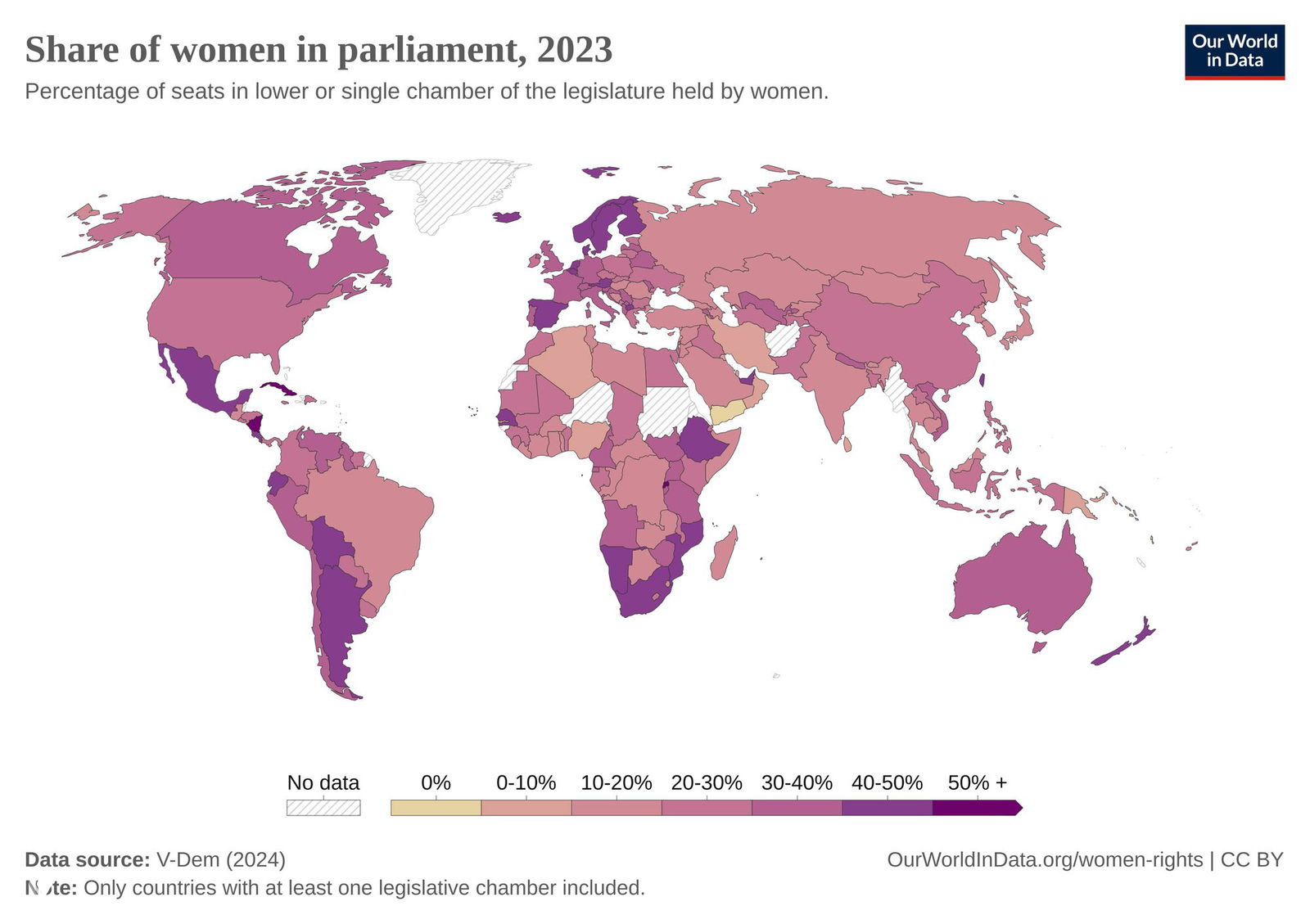 Карта доли женщин в парламенте (2023) по странам: цвета показывают процент мест, от 0% до 50% и более, данные V-Dem/Our World in Data.
